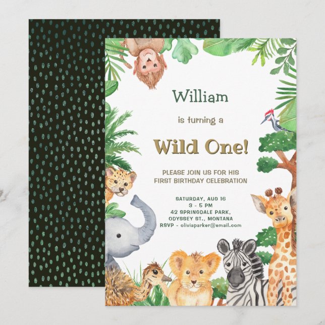 Invitation Wild One mignon Animaux Jungle Safari Anniversaire (Devant / Derrière)