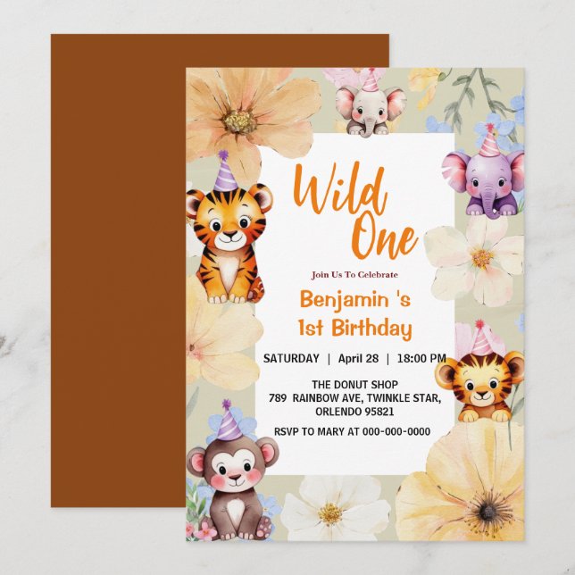 Invitation Wild One mignonne Jungle Animal 1er anniversaire d (Devant / Derrière)