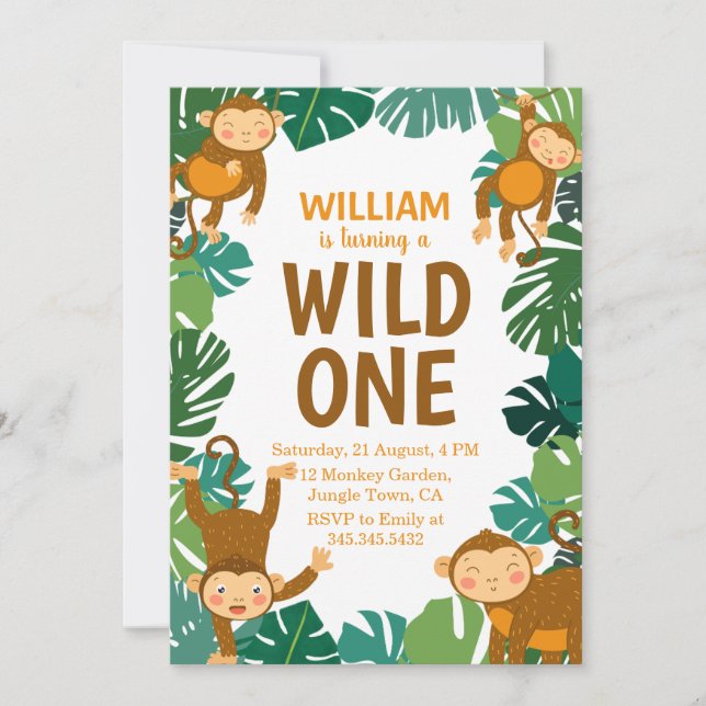 Invitation Wild One Monkey Safari animal 1er anniversaire fêt (Devant)