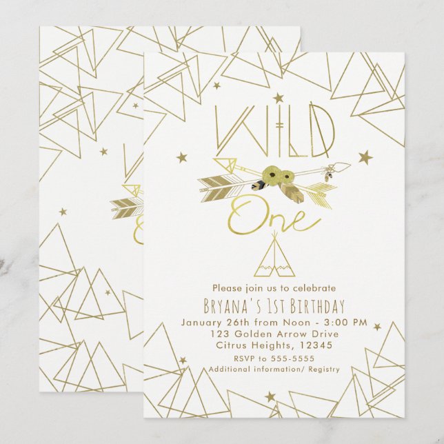 Invitation WILD ONE Or & Blanc Boho 1er Anniversaire TOUTE CO (Devant / Derrière)