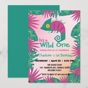 Invitation Wild One Pink chameleon jungle 1er Anniversaire an