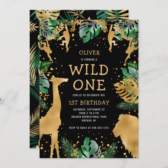 Invitation Wild One Safari 1er anniversaire Black Green Gold (Devant / Derrière)