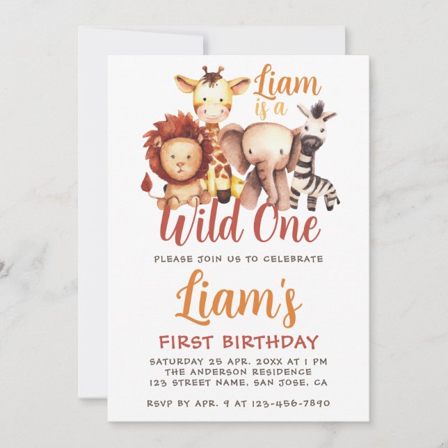 Invitation Wild One Safari Animal Lion Giraffe 1er anniversai (Devant)