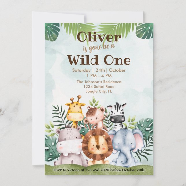 Invitation Wild One Safari Animaux 1er Anniversaire Aquarelle (Devant)