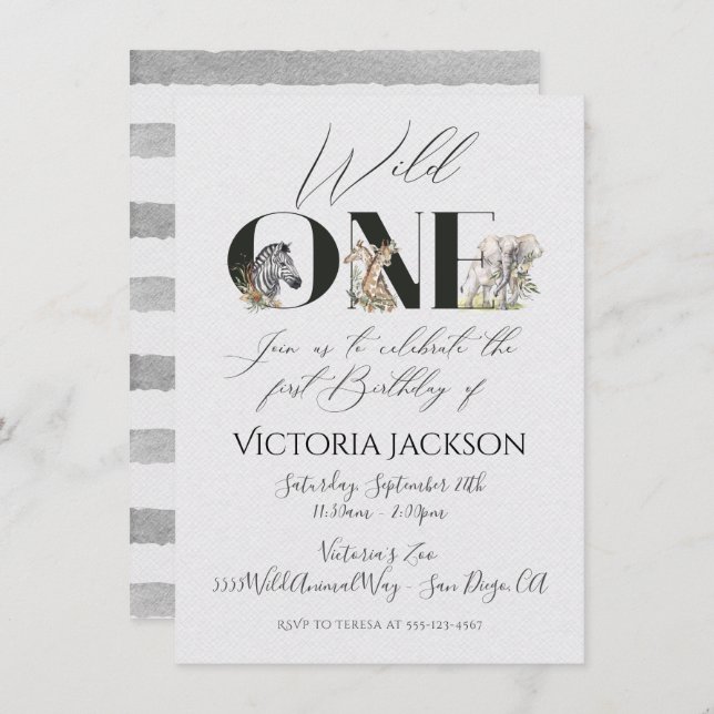 Invitation Wild One safari Animaux 1er anniversaire Invitatio (Devant / Derrière)