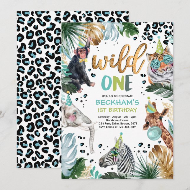 Invitation Wild One Safari Animaux 1er Garçon fête d'annivers (Devant / Derrière)