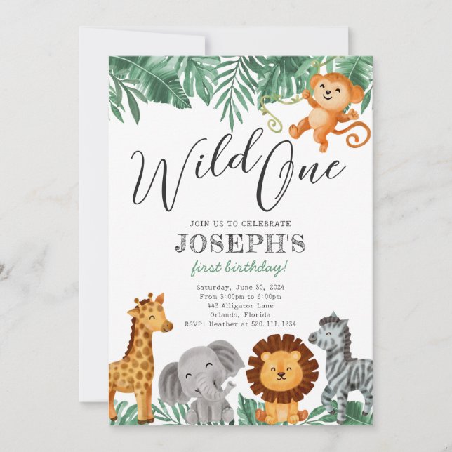 Invitation Wild One Safari Animaux Anniversaire Fête Invitati (Devant)