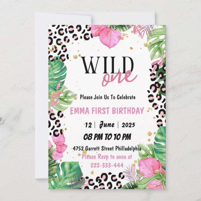 Invitation Wild One Safari Animaux fille 1er anniversaire (Devant)
