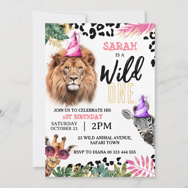 Invitation Wild One Safari Animaux Fille 1er anniversaire fêt (Devant)