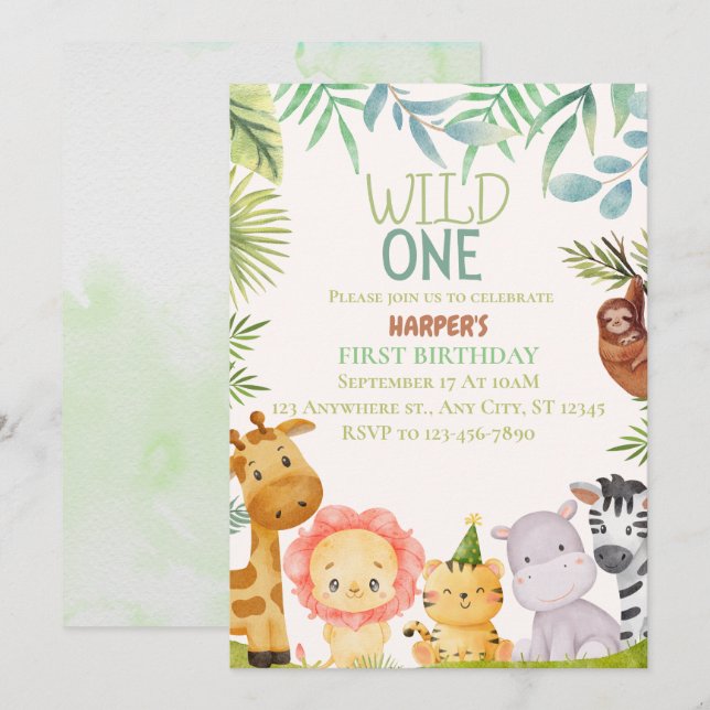 Invitation Wild One Safari Animaux garçon fête d'anniversaire (Devant / Derrière)