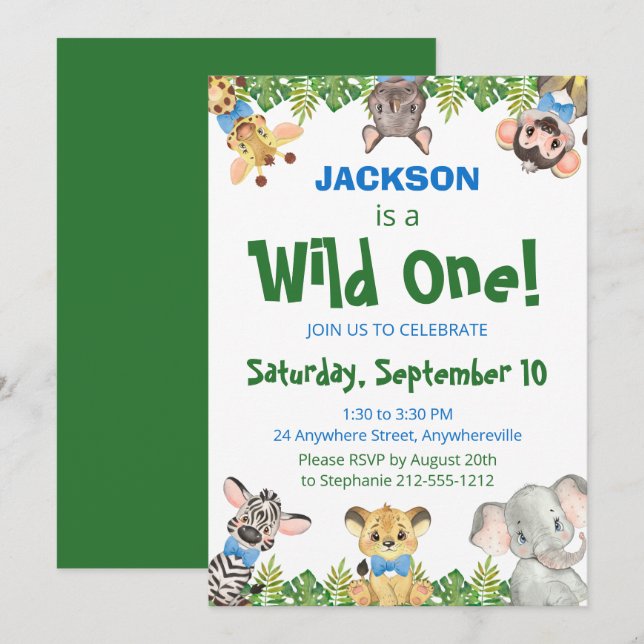 Invitation Wild One Safari Animaux Garçon Premier Anniversair (Devant / Derrière)