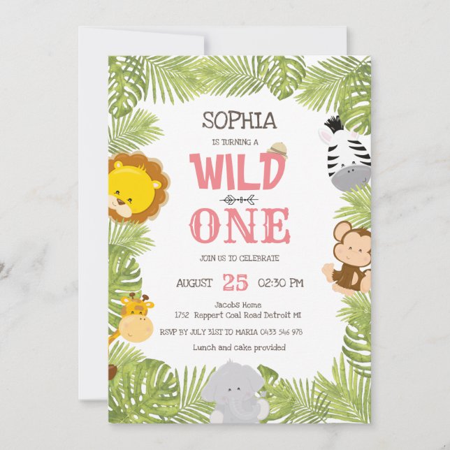 Invitation Wild One Safari Animaux Jungle Premier anniversair (Devant)