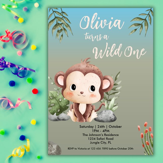 Invitation Wild One Safari Animaux mignons Singe 1er annivers (Créateur téléchargé)
