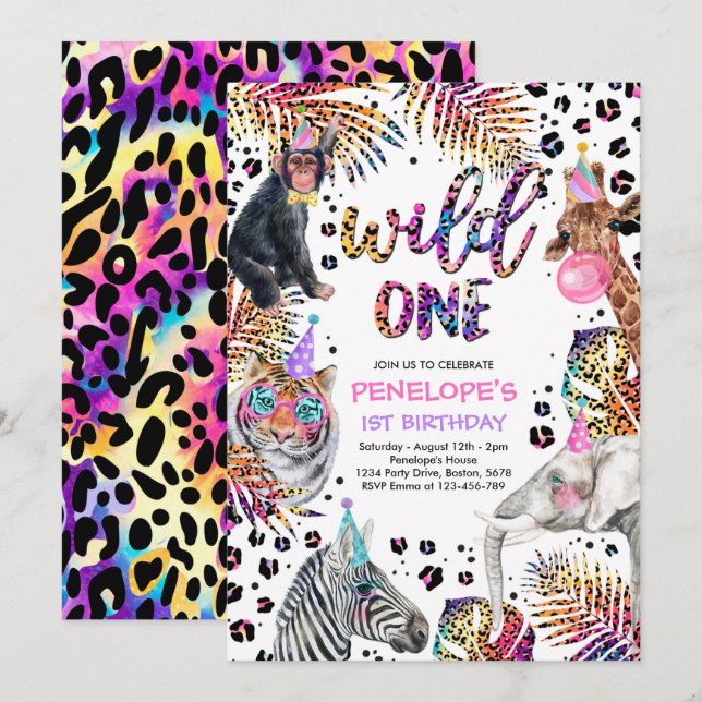 Invitation Wild One Safari Animaux Rainbow Cheetah Anniversai (Devant / Derrière)
