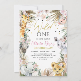 Invitation WILD ONE Safari Boho Pampas Animaux 1er anniversai