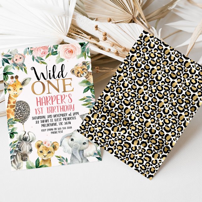 Invitation Wild One Safari Cheetah Print Balloon 1er annivers (Leopard Print Wild One 1st Birthday for girl - cheetah print, cheetah print balloon,  pink floral)