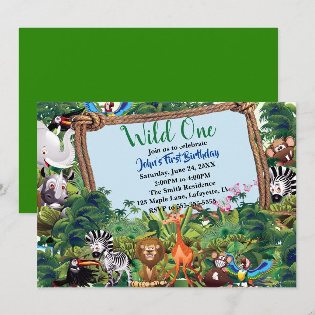 Invitation Wild One Safari fête d'anniversaire animal (Devant / Derrière)