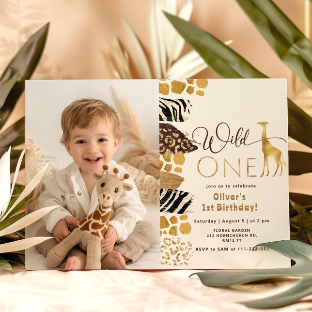 Invitation Wild One Safari garçon 1er anniversaire girafe pho (Créateur téléchargé)