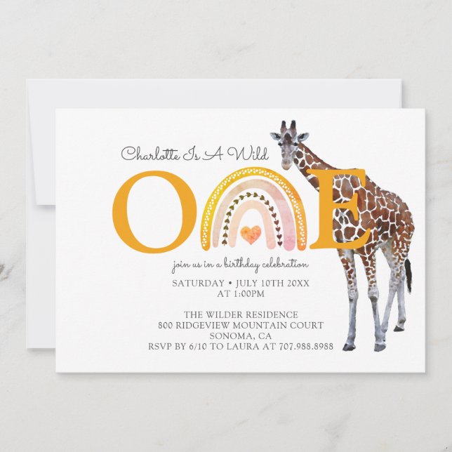 Invitation Wild One Safari Giraffe Girl's First Birthday (Devant)