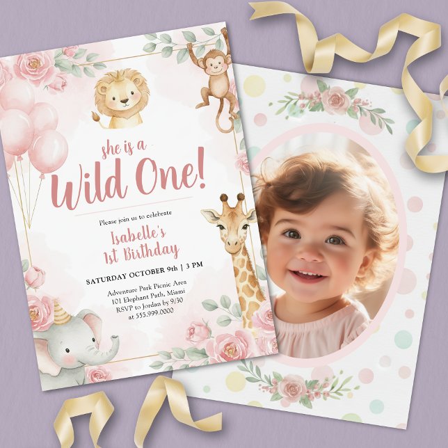 Invitation Wild One Safari Girl Jungle Anniversaire Photo (Wild One Safari Girl Jungle Birthday Party Photo Invitation)