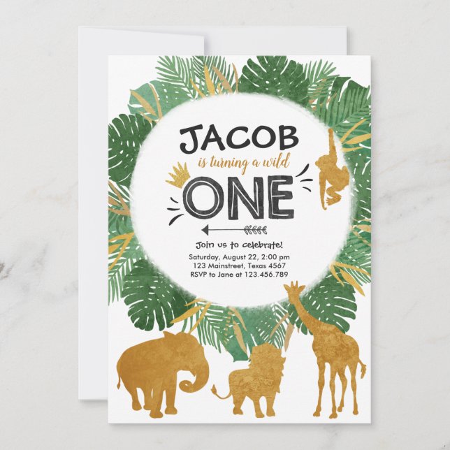 Invitation Wild One Safari Gold Boy Animaux fête d'anniversai (Devant)