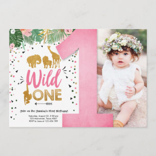 Invitation Wild One Safari Gold Girl Animaux roses Anniversai