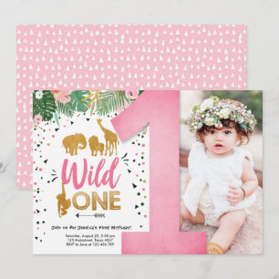 Invitation Wild One Safari Gold Girl Animaux roses Anniversai
