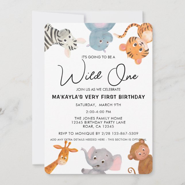 Invitation Wild ONE safari jungle animal premier anniversaire (Devant)