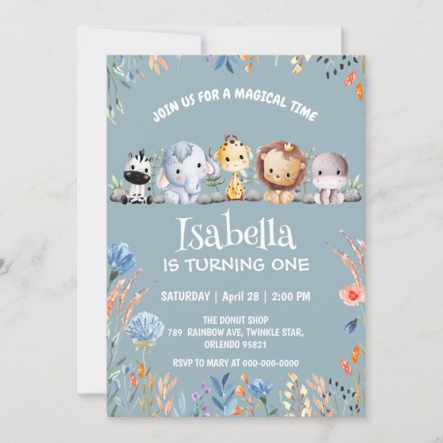 Invitation Wild one safari jungle animale Floral Anniversaire (Devant)