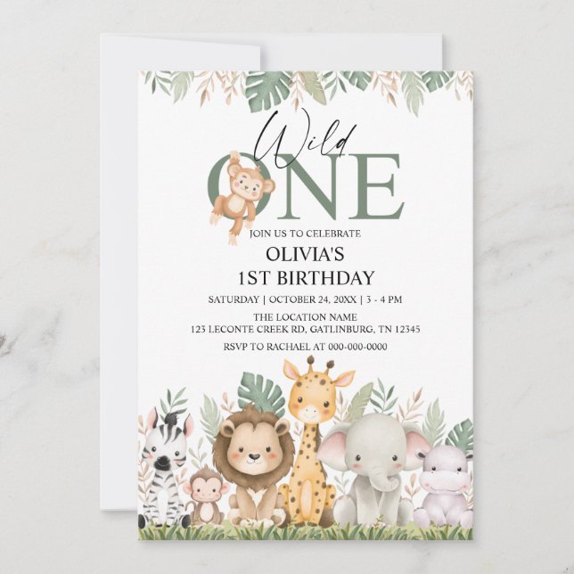 Invitation Wild One Safari Jungle Animals 1st Birthday (Devant)