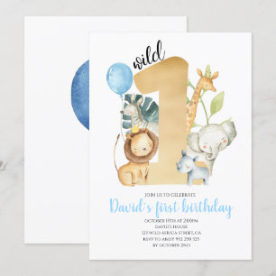 Invitation Wild One Safari Jungle Animals Gold Green Cute