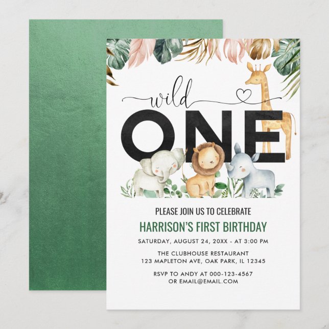 Invitation Wild one Safari Jungle Animaux 1er anniversaire (Devant / Derrière)