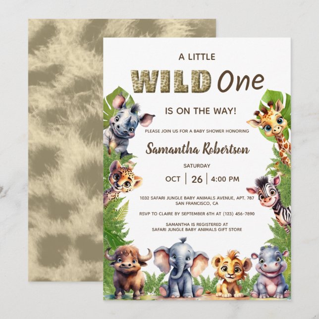 Invitation Wild one Safari Jungle Animaux Baby shower (Devant / Derrière)