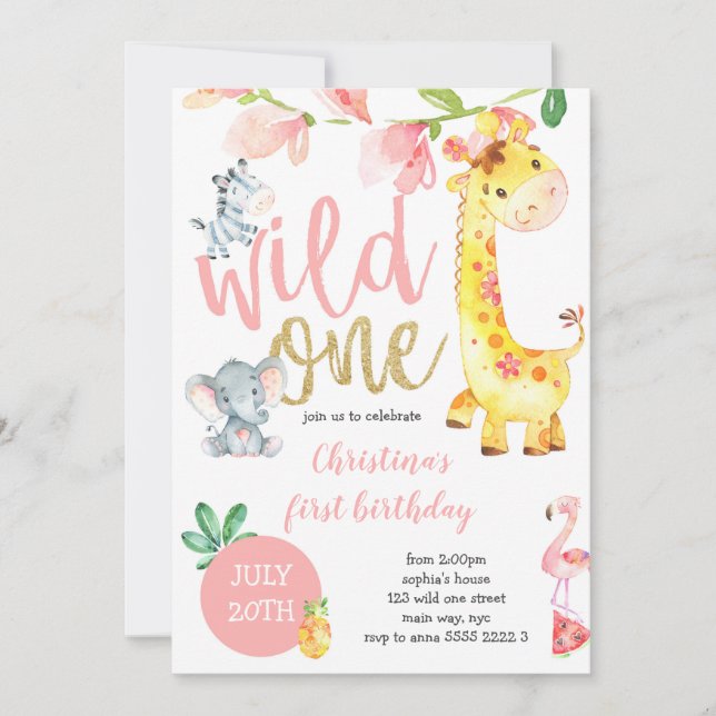 Invitation Wild One Safari Jungle Girl Premier anniversaire r (Devant)