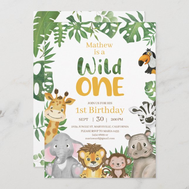 Invitation Wild One Safari Jungle Premier anniversaire Jaune (Devant / Derrière)