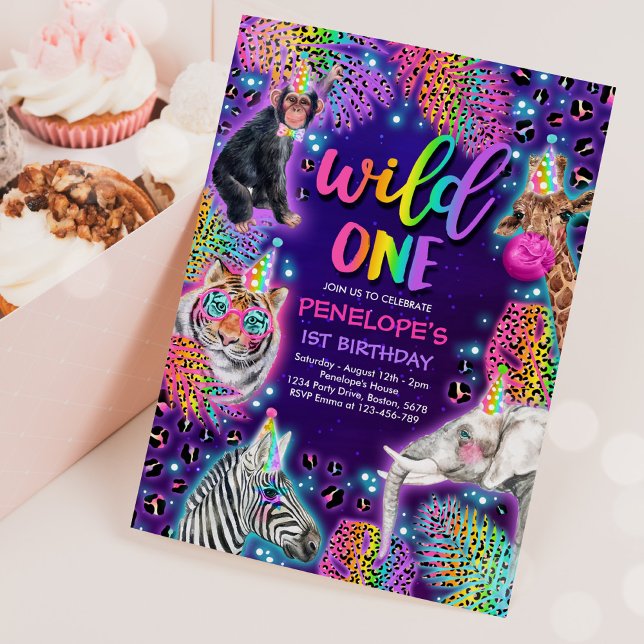 Invitation Wild One Safari Neon Rainbow Cheetah Anniversaire (Créateur téléchargé)