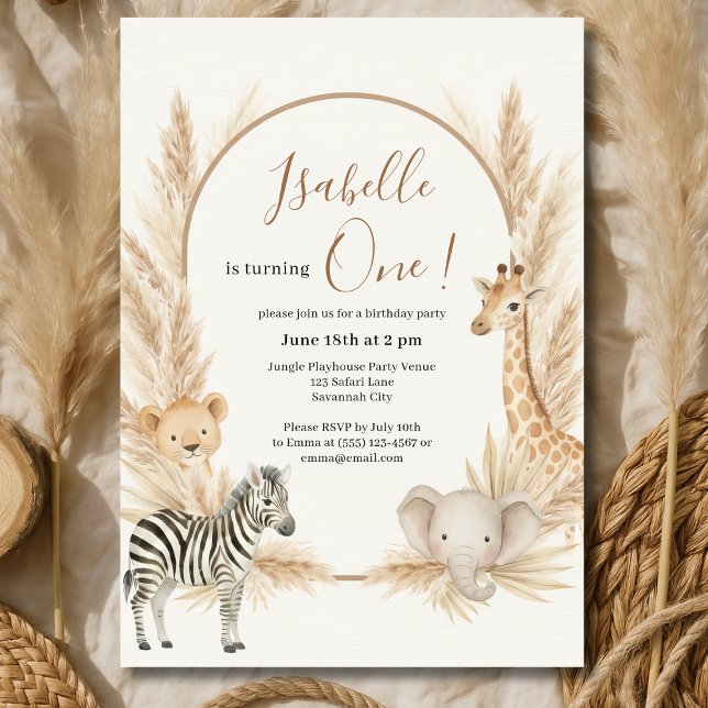 Invitation Wild One Safari Pampas Boho fête d'anniversaire (Créateur téléchargé)