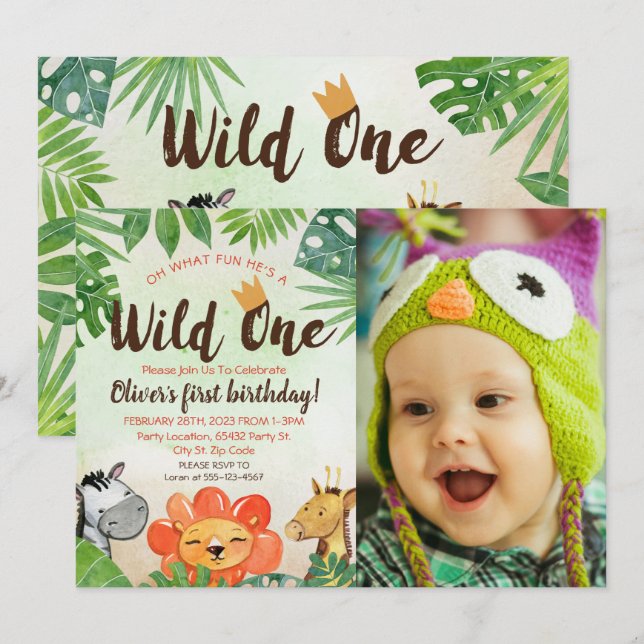 Invitation Wild One, Safari premier anniversaire, photo (Devant / Derrière)