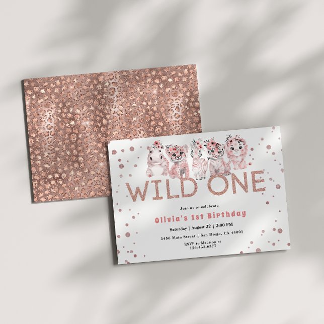 Invitation Wild One Safari Rose animal Gold 1er anniversaire  (Créateur téléchargé)