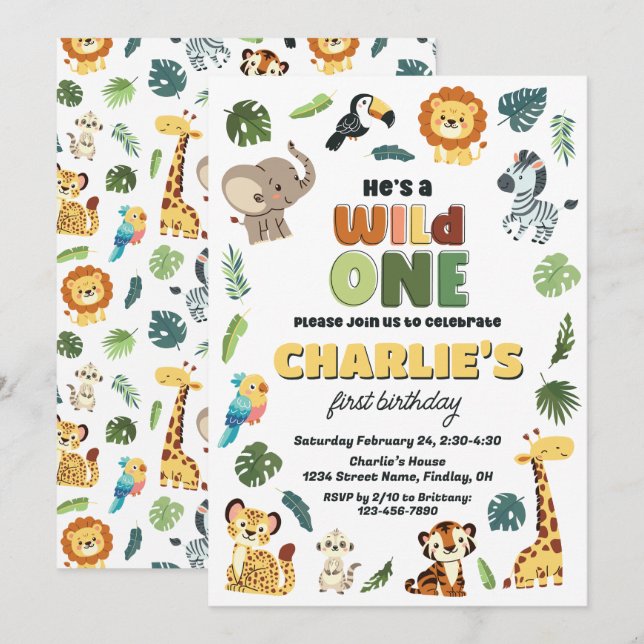 Invitation Wild One Safari Zoo Animal Anniversaire Fête N'imp (Devant / Derrière)