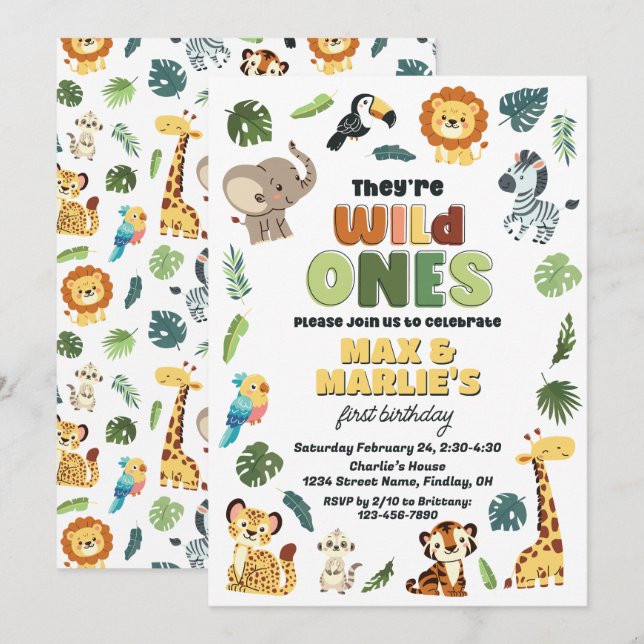 Invitation Wild One Safari Zoo Animal Anniversaire Fête, Twin (Devant / Derrière)