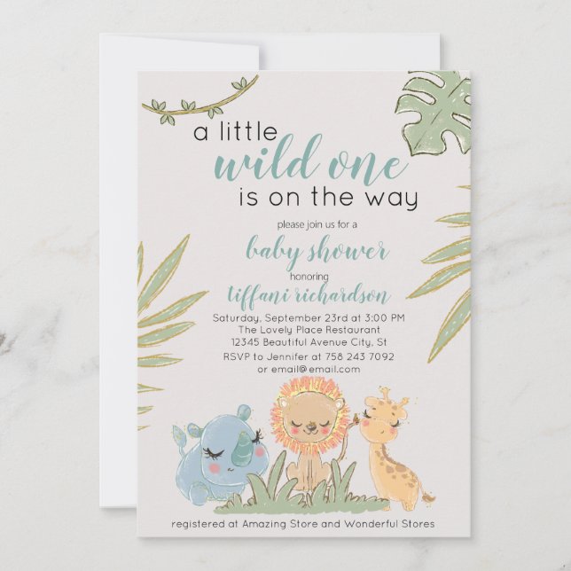 Invitation Wild One Sur Le Chemin Safari Animaux Baby shower (Devant)