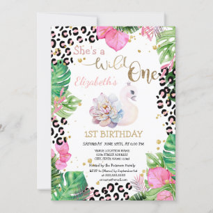 Invitation Wild One, Swan Fleur Feuilles premier anniversaire