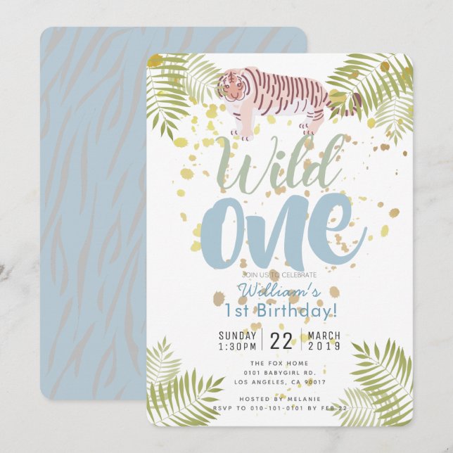 Invitation Wild One Tiger Blue Boy 1er anniversaire Invitatio (Devant / Derrière)