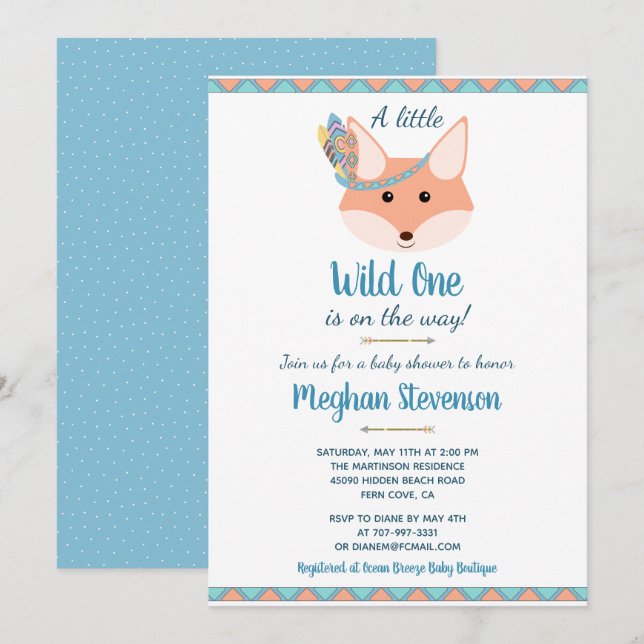 Invitation Wild One Tribal Boho Aztec Blue Boy Baby shower (Devant / Derrière)