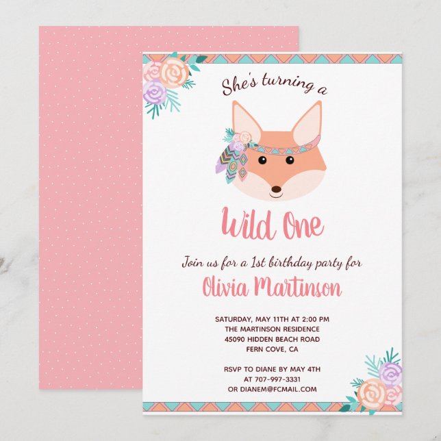 Invitation Wild One Tribal Boho Aztec rose 1er anniversaire (Devant / Derrière)