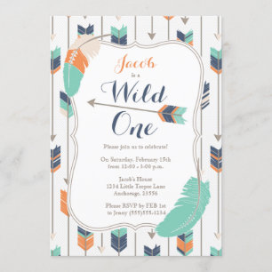 Invitation Wild ONE Tribal Flèches Anniversaire Fête Bleu Ver