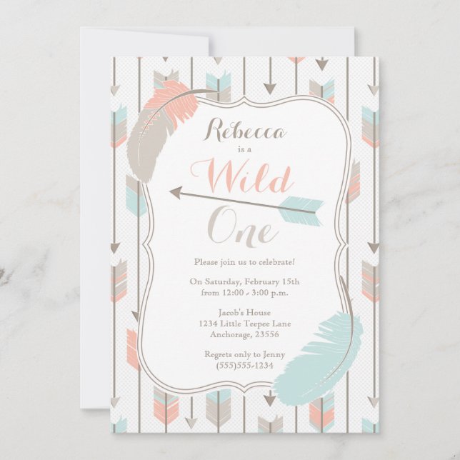 Invitation Wild ONE Tribal Flèches Anniversaire Fête Rose Gre (Devant)