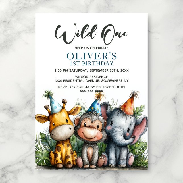 Invitation Wild One Tropical Safari Animals 1st Birthday (Créateur téléchargé)