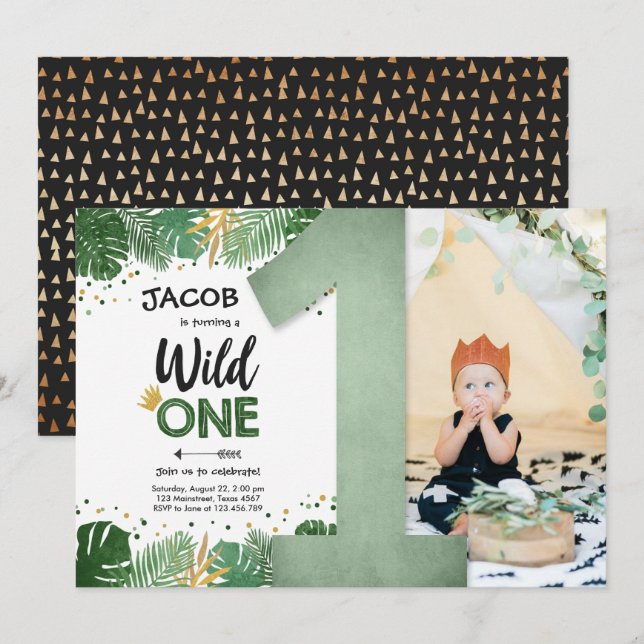 Invitation Wild One Tropical Safari Boy Gold Premier annivers (Devant / Derrière)